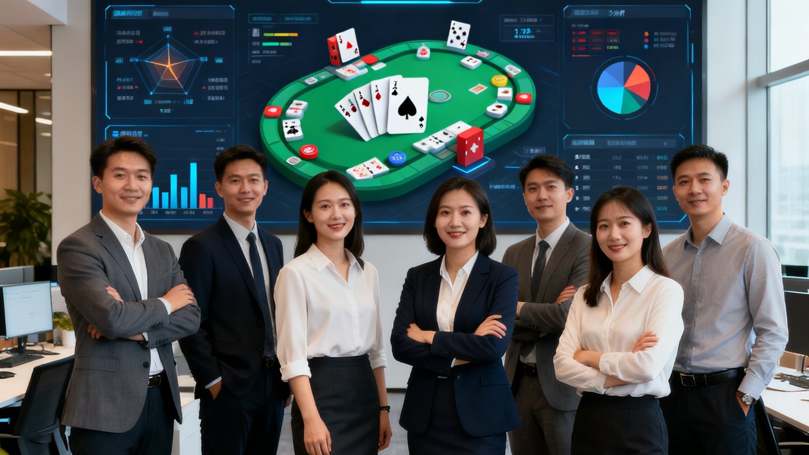 棋牌智算公司团队照片，背景显示大数据看板与牌局分析模型