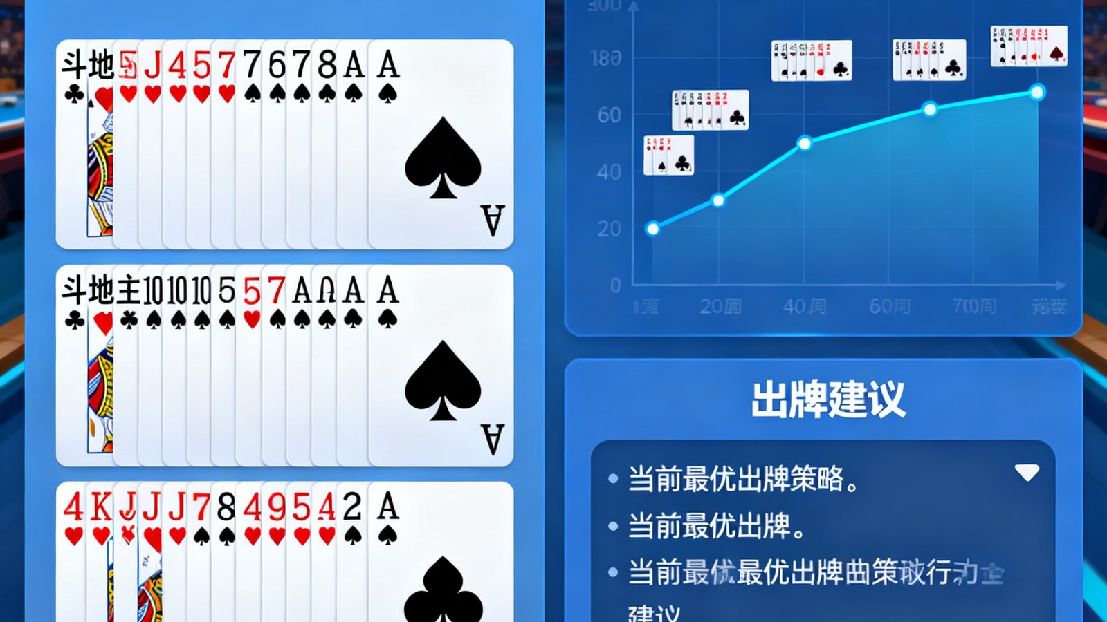 棋牌策略计算器界面展示斗地主牌型分析，左侧手牌右侧胜率曲线与出牌建议